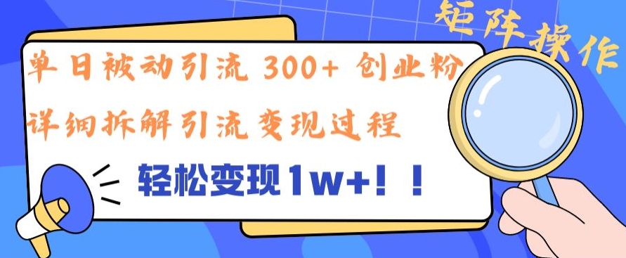 单日被动引流 300+ 创业粉，轻松变现1w+，矩阵操作详细拆解引流变现过程-中创网-创业项目大全