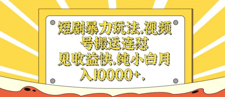 短剧暴力玩法，视频号搬运连怼，见收益快，纯小白月入1w-中创网-创业项目大全