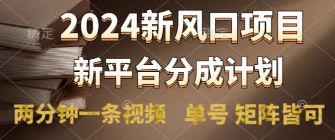 2024风口项目，新平台分成计划，两分钟一条视频，单号 矩阵皆可操作轻松上手月入9000+-中创网-创业项目大全