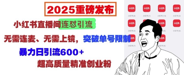 2025重磅发布：小红书直播间连怼引流，无需连麦、无需上镜，突破单号限制，暴力日引流600+-中创网-创业项目大全