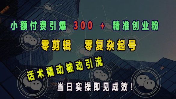小额付费引爆 300 + 精准创业粉，零剪辑、零复杂起号，话术撬动被动引流，当日实操即见成效-中创网-创业项目大全