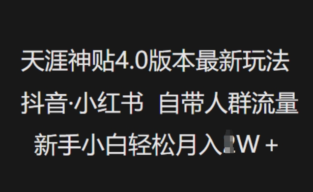 天涯神贴4.0版本号全新游戏玩法，抖音视频·小红书的内置群体总流量，新手入门轻轻松松月入了W-中创网-创业项目大全