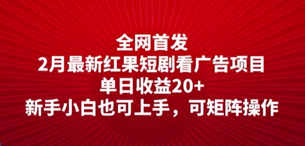 独家首发，2月全新红果短剧剧本看广告项目，单日盈利20 ，新手入门也可以入门，可引流矩阵实际操作-中创网-创业项目大全