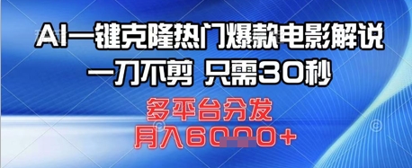 AI一键克隆热门爆款电影解说，一刀不剪，只需30秒，多平台分发，月入6k-中创网-创业项目大全
