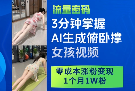 3分钟掌握AI生成俯卧撑女孩视频，零成本涨粉变现，1个月1W粉-中创网-创业项目大全