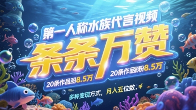 第一人称水族代言视频，条条万赞，20条作品涨粉7.8W，多种变现方式月入五位数-中创网-创业项目大全